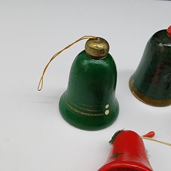 Vintage Lot of 14  Wooden Christmas Bell Hanging Ornaments Set - Picture 6 of 8
